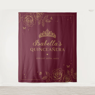 Tapete De Parede Quinceañera Floral Vermelha e Dourada