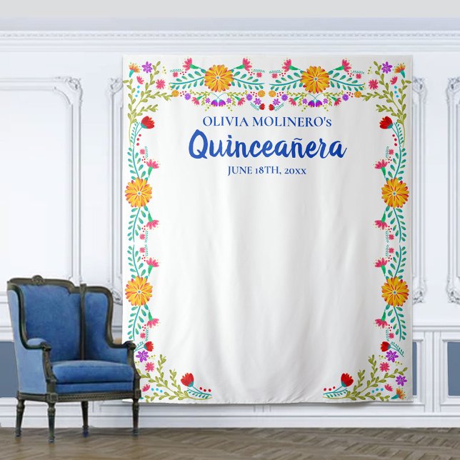 Tapete De Parede Quinceanera Foto Floral Booth Fundo Azul Branco (Criador carregado)