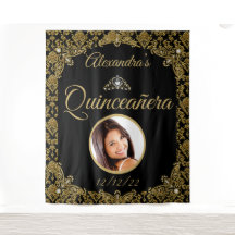 Quinceanera Foto Tiara de Damasco Preto Dourado An