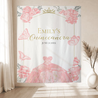 Tapete De Parede Quinceanera Fundo Rosa Vestido Rosa Floral Dourado