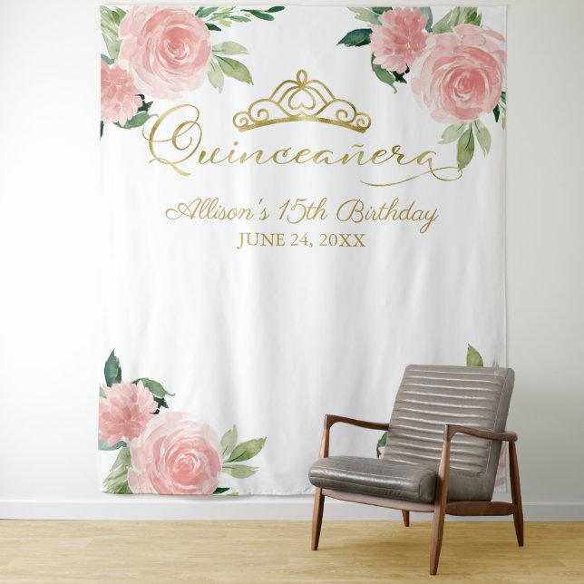 Tapete De Parede Quinceanera Gold Foil Tiara Panorâmica Rosa (In Situ)