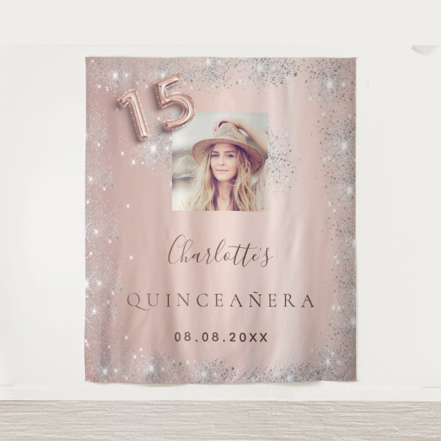 Tapete De Parede Quinze anos rosa ouro foto brilho prateado (Frente)