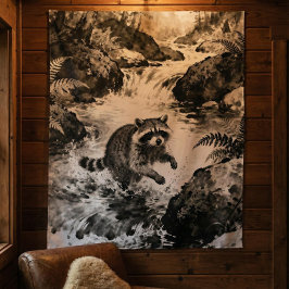 Tapete De Parede Raccoon Stream Tapestry | Forest Wildlife Art 