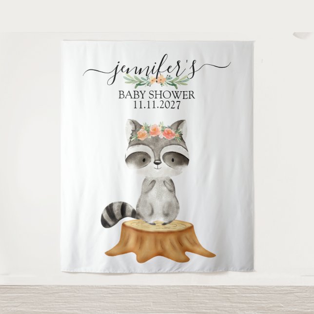 Tapete De Parede Raccoon Woodland Animals Baby Shower backdrop (Frente)