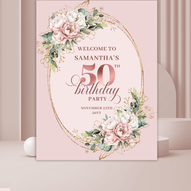 Tapete De Parede Radiant Rose Gold Blush Floral 50th Birthday Party (Radiant Rose Gold Blush Floral 50th Birthday Party Backdrop

)