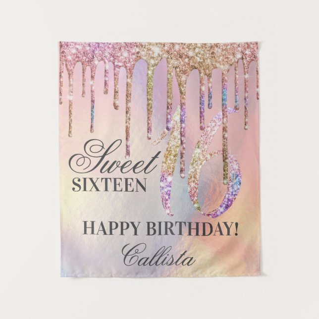 Tapete De Parede Rainbow Holographic Glitter Drips Sweet 16 (Frente)