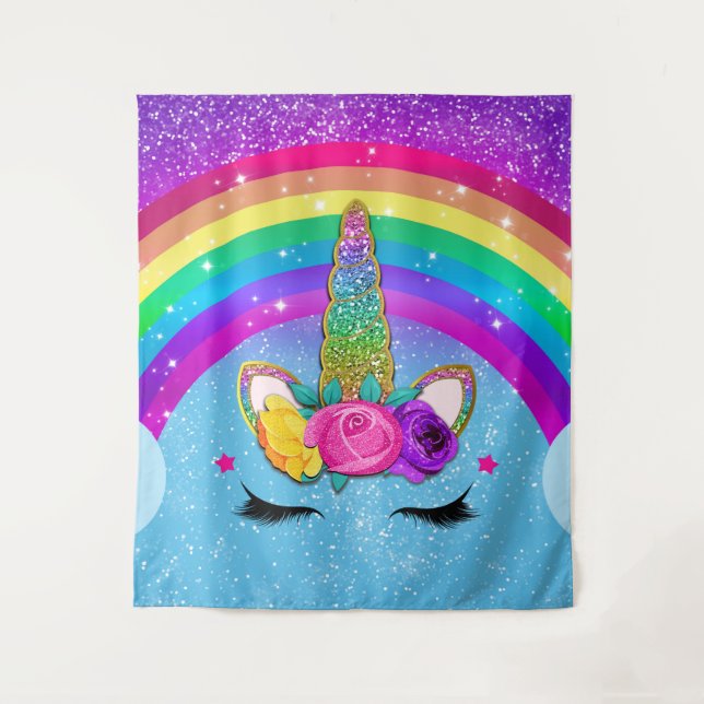 Tapete De Parede Rainbow Sparkle Glittery Unicorn Horn Face Girls (Frente)