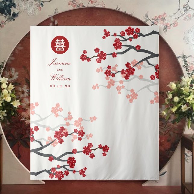 Tapete De Parede Red Cherry Blossoms Foto de Casamento Chinês (White/Red Cherry Blossoms Double Happiness, Chinese Wedding Backdrop Tapestry @ fatfatin_red_knot)