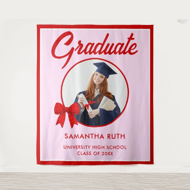 Tapete De Parede Red Gingham Bow Photo Graduation Backdrop (Frente)