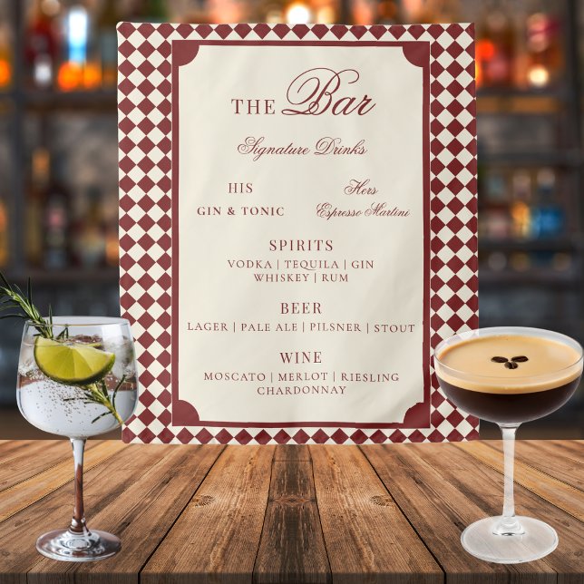 Tapete De Parede Red & Ivory Checks Old Money Wedding Bar Menu Sign (Criador carregado)
