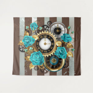 Tapete De Parede Relógio e Rosas de Turquesa em Striping