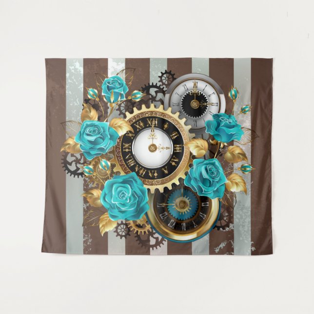 Tapete De Parede Relógio e Rosas de Turquesa em Striping (Frente (Horizontal))
