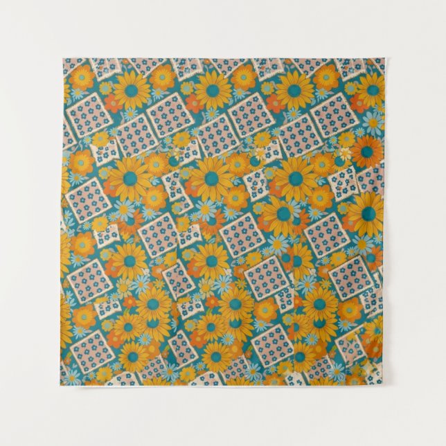 Tapete De Parede Retro 70s Floral Patchwork Pattern (Frente)