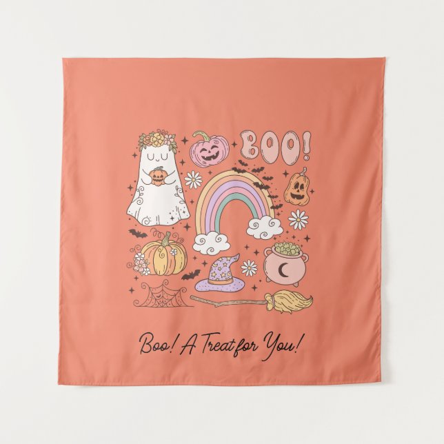 Tapete De Parede Retro Halloween Ghost Pumpkin Spider Web Hat (Frente)