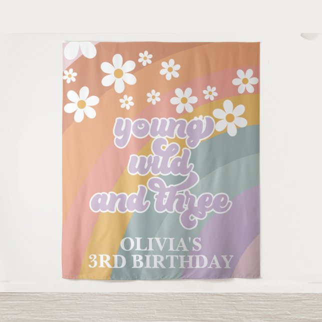 Tapete De Parede Retro Rainbow Young Wild Três aniversário de 3 ano (Frente)