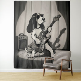 Tapete De Parede Retro Rockstar Basset Hound Guitarrista Monocromát