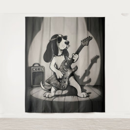 Tapete De Parede Retro Rockstar Basset Hound Guitarrista Monocromát