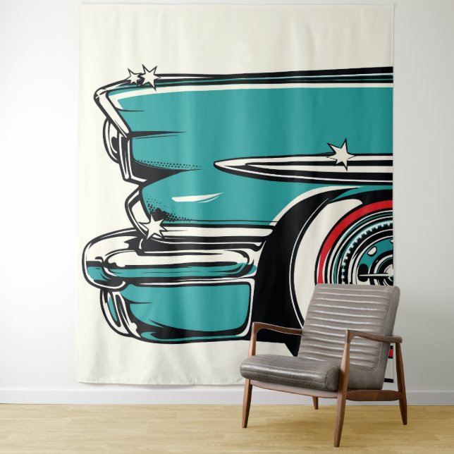 Tapete De Parede Retro Teal Sports Car Front Pop Art Illustration (In Situ)