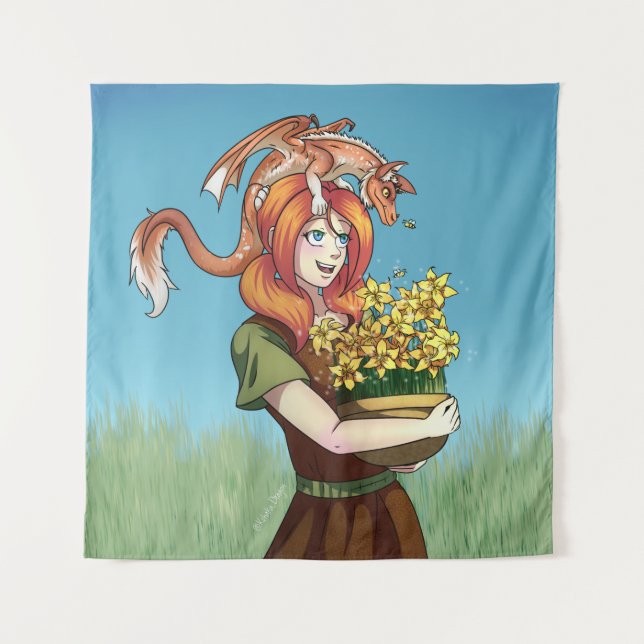 Tapete De Parede Reunindo Flores com um Dragão (Frente)