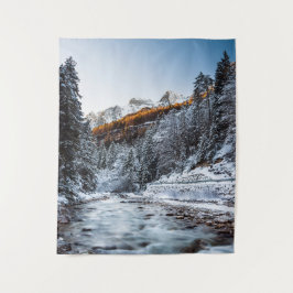 Tapete De Parede Rio de outono e inverno, floresta e montanhas