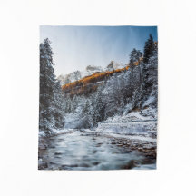 Rio outono e inverno, floresta e montanhas