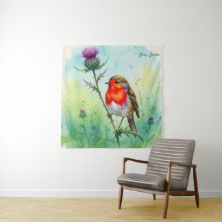 Tapete De Parede Robin Bird e Flor de Cardo Aquarela Botânica