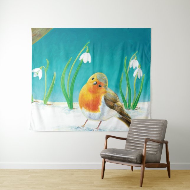 Tapete De Parede Robin Bird e gotas de neve Ilustração (In Situ (Horizontal))