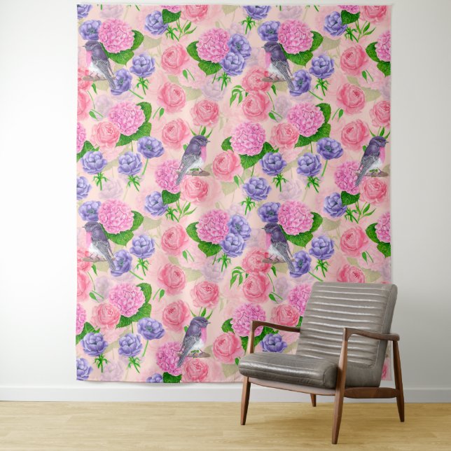 Tapete De Parede Robin e flores, padrão de aquarela (In Situ)