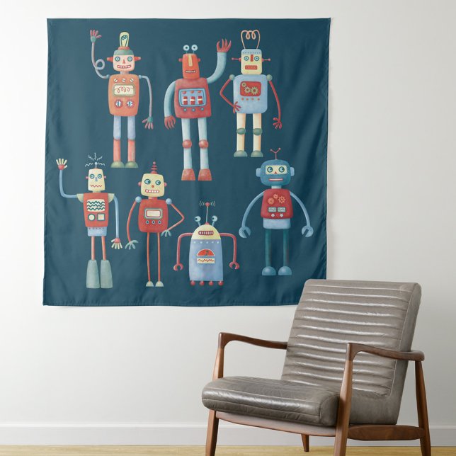 Tapete De Parede Robôs de Vintage Retroativos (Fun retro robot tapestry)