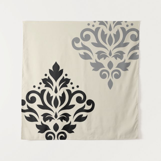 Tapete De Parede Rolar Damask Art I Black Cinza Creme (Frente)