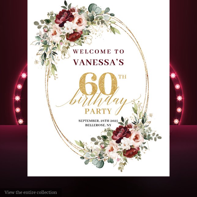 Tapete De Parede Romantic Burgundy Gold Floral 60th Birthday Banner (Romantic Burgundy Gold Floral 60th Birthday Banner)