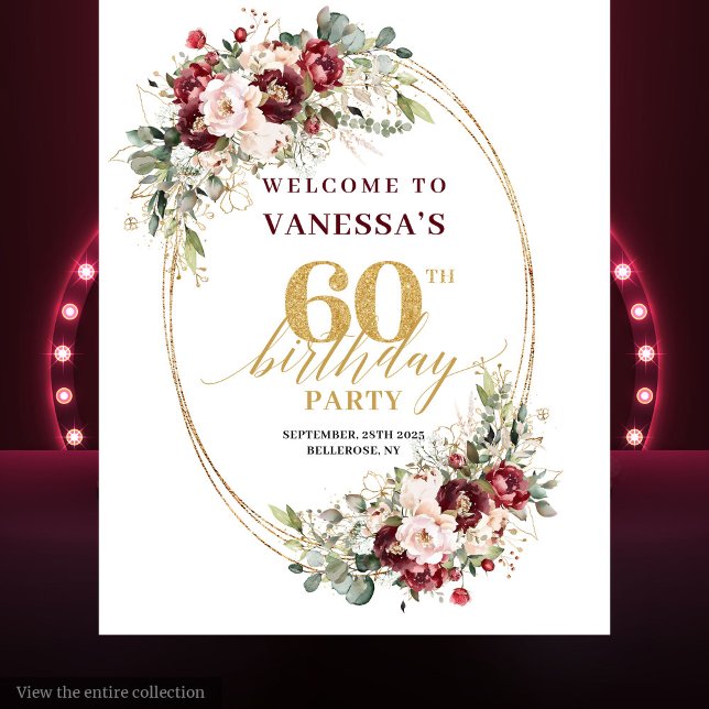 Tapete De Parede Romantic Burgundy Gold Greenery 60th Birthday Prop (Romantic Burgundy Gold Greenery 60th Birthday Backdrop)