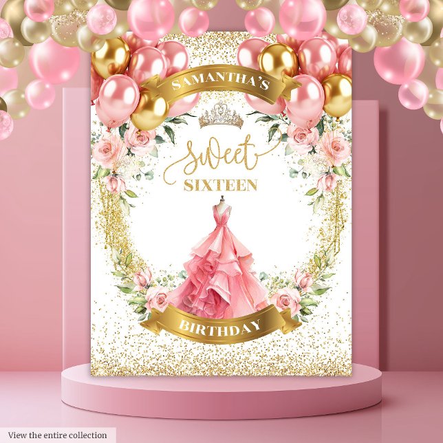 Tapete De Parede Romântica Doce Sessenta Banners Blush Balões Brilh (Romantic Sweet Sixteen Banner Blush Balloons Glow)