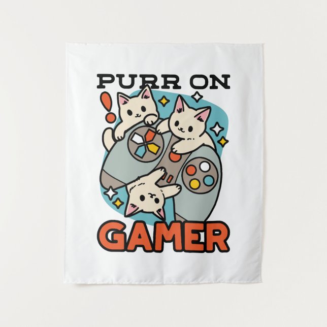 Tapete De Parede Ronronar no Gamer - Design de Gato Fofo para Jogos (Frente)