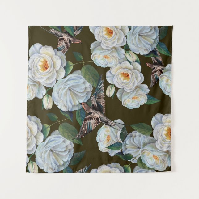 Tapete De Parede Rosa de flores brancas com folhas desenhando em pa (Frente)