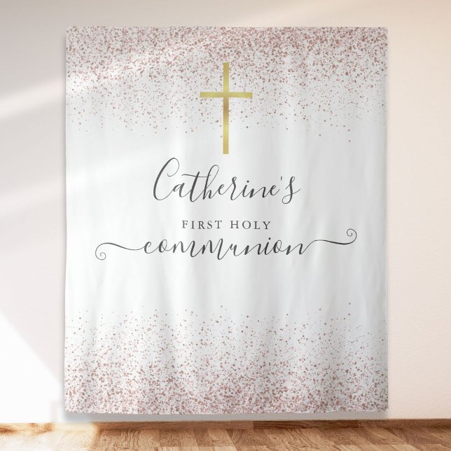 Tapete De Parede Rosa Dourado brilho Fotografia da Santa Comunhão (Rose Gold Glitter Holy Communion Photo Backdrop)