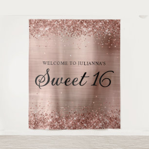 Tapete De Parede Rosa Dourado Glitter e Foil Sweet 16 Bem-vindo