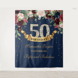 Tapete De Parede Rosa rubor borgonha marinho floral boho 50º aniver
