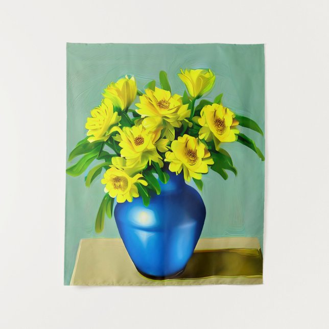 Tapete De Parede Rosas Amarelas em Arte Azul Vase Boho (Frente)