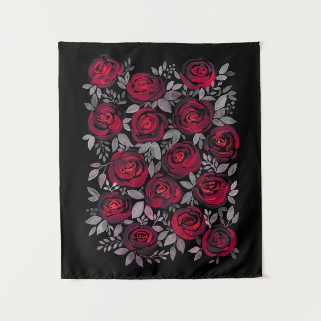 Tapete De Parede Rosas de aquarelas, rosas vermelhas a preto (Frente)