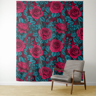 Tapete De Parede Rosas em vermelho e azul