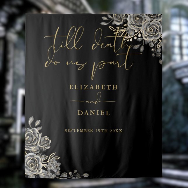 Tapete De Parede Rosas góticas de ouro negro Floral Adereço de foto (Black Gold Goth Roses Floral Wedding Photo Prop Tapestry)