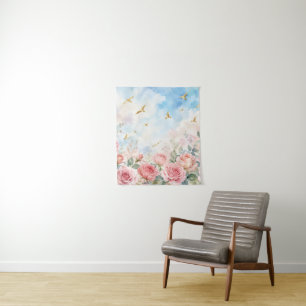 Tapete De Parede Rosas Rosa Bege e Pássaros Dourados Aquarela Flora