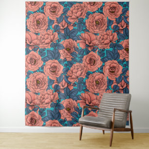 Tapete De Parede Rosas rosa com folhas azuis