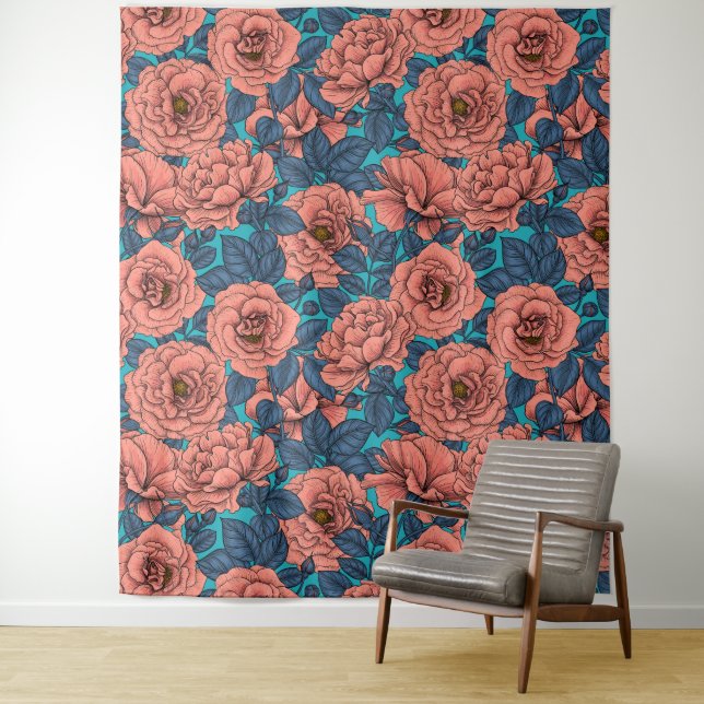 Tapete De Parede Rosas rosa com folhas azuis (In Situ)