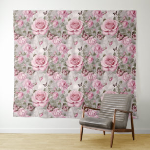Tapete De Parede Rosas rosa e Borboletas Aquarela