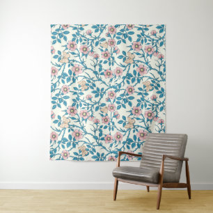 Tapete De Parede Rosas silvestres e borboletas /rosa/azul/branco es