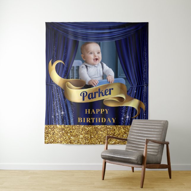 Tapete De Parede Royal Blue Dourado Prince Happy Birday (In Situ)