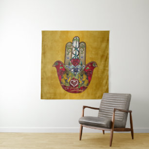 Tapete De Parede Rubis Romã Coração Vermelho Pássaro Hamsa