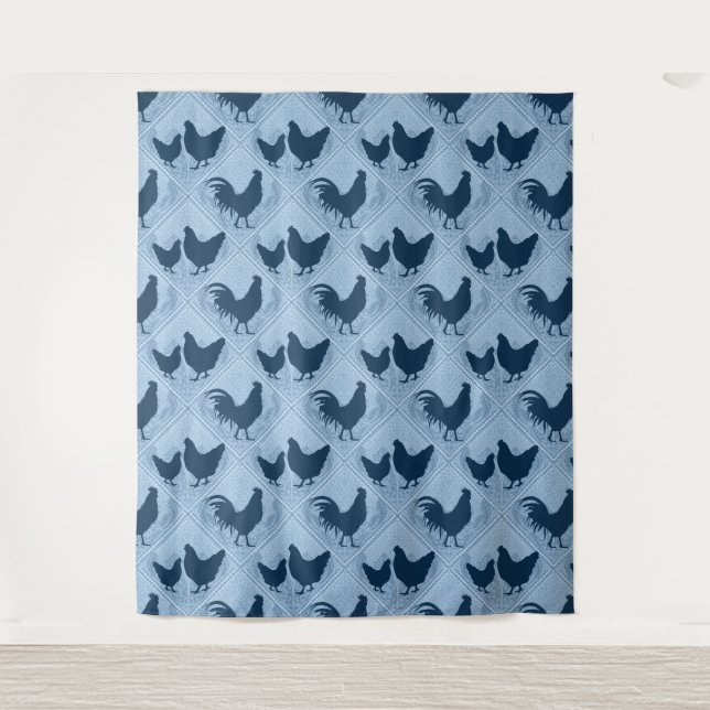 Tapete De Parede Rustic Farmhouse Hen Pattern – In Blue  (Frente)